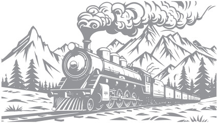 Naklejka premium Vintage Steam Locomotive Chugging Through Mountain Landscape Illustration