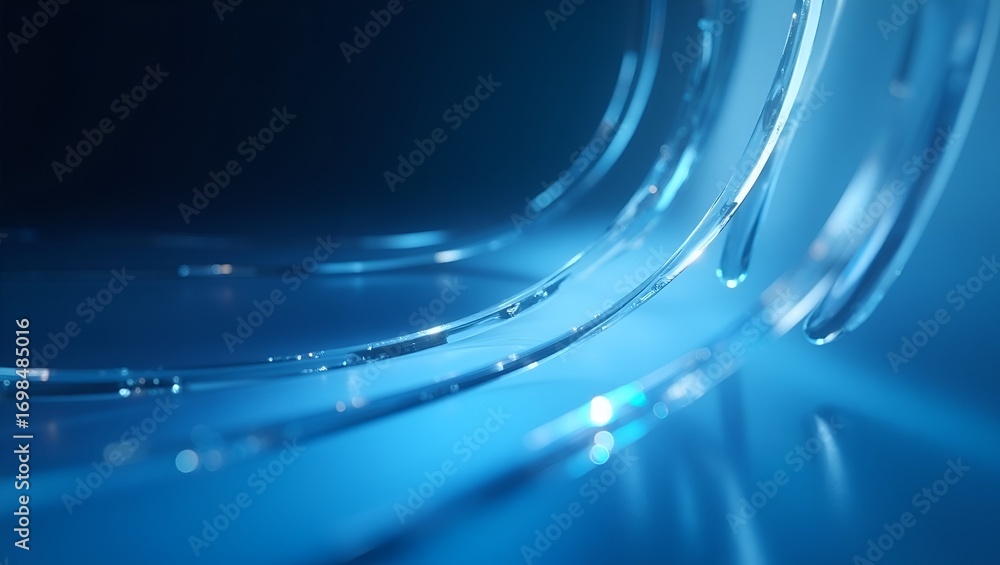Poster dark background illuminated by a glassy gradient shifting from white to blue. prismatic ripples and 