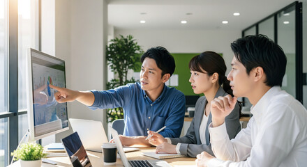 オフィスでモニターのグラフを見ながら会議する3人の日本人アジア人ビジネスパーソン