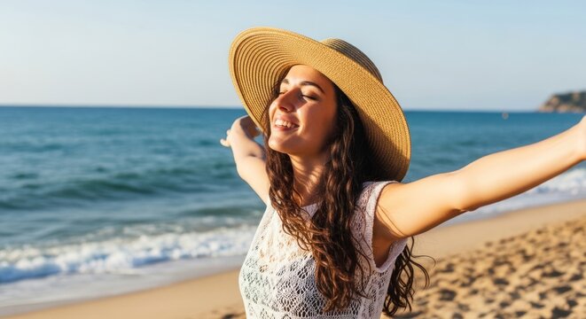 A woman in a white dress with a straw hat, standing on a sandy beach with her arms outstretched, enjoying the ocean view.