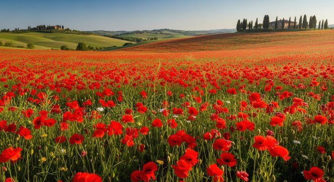 Vibrant red poppy fields blanket the rolling green hills of Tuscany, Italy, with traditional farmhouses and cypress trees under a clear blue sky. - Powered by Adobe