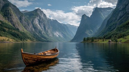 Obraz premium Calm fjord, wooden boat, mountains (1)