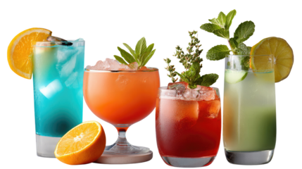 Colorful Cocktail Array: A refreshing collection of vibrant cocktails, garnished with fresh fruits and herbs, showcasing a visual feast of flavors and textures.