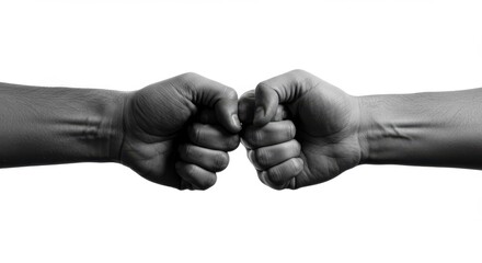 A powerful black and white image depicting two fists meeting in a gesture of unity and agreement
