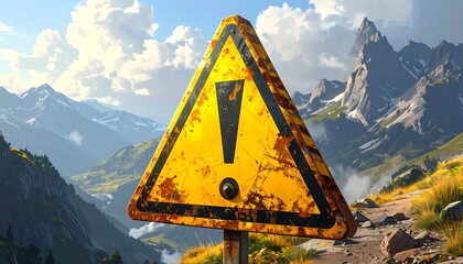 Rusty warning sign in mountains