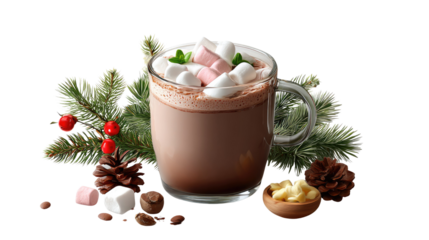 Cozy Cocoa Delight: A mouthwatering glass of rich, steaming cocoa, topped with fluffy marshmallows and mint, artfully presented amidst festive evergreen boughs and pine cones.