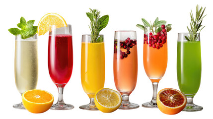 Fototapeta premium A Colorful Toast: A vivid array of six cocktail, each crafted with fresh ingredients and vibrant colors, arranged invitingly. 