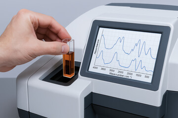 Handheld cuvette with amber solution used in oil analysis instrument presents laboratory spectroscopy result and industry research emotion calm