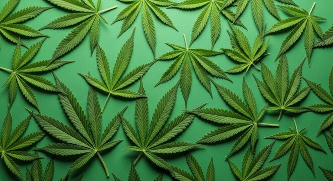 Vibrant green cannabis leaves create a lush, natural pattern on a solid green background, highlighting the plant's unique texture and form. - Powered by Adobe