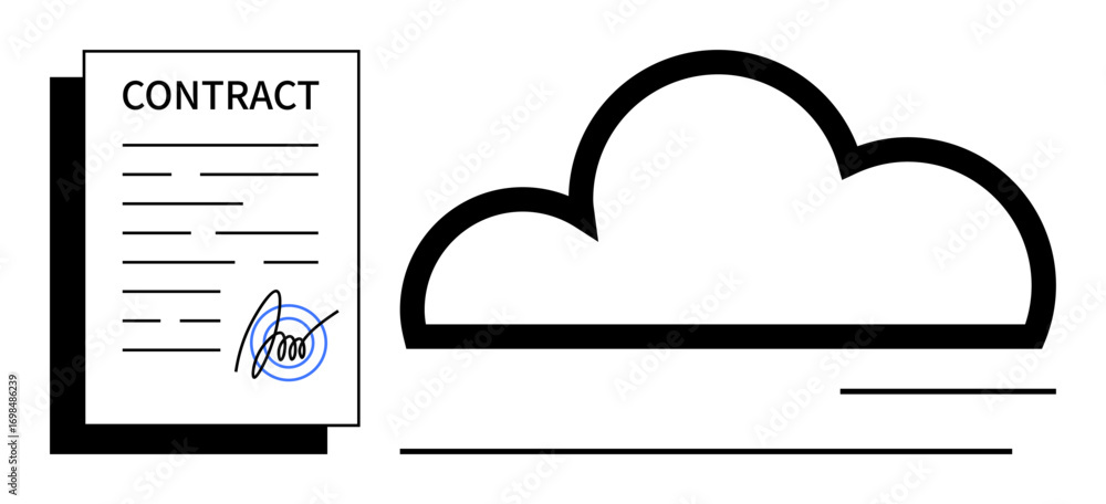 Poster signed contract alongside a cloud icon, representing secure digital document storage. ideal for tech