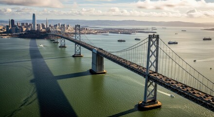 Stunning aerial perspective of the San Francisco Bay Bridge, city skyline, and bustling bay with ships and boats under a cloudy sky.