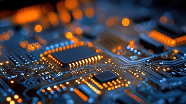 Close-Up Circuit Board with Orange LED Lights - Powered by Adobe