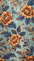 Detailed floral pattern,  light teal background,  large blooms,  dark teal leaves