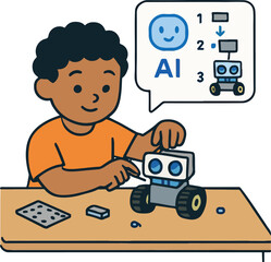 Kid assembling a small robot kit while an AI tutor bubble offers the next step illustration