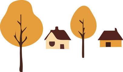 Countryside Autumn House with Maple Trees Illustration