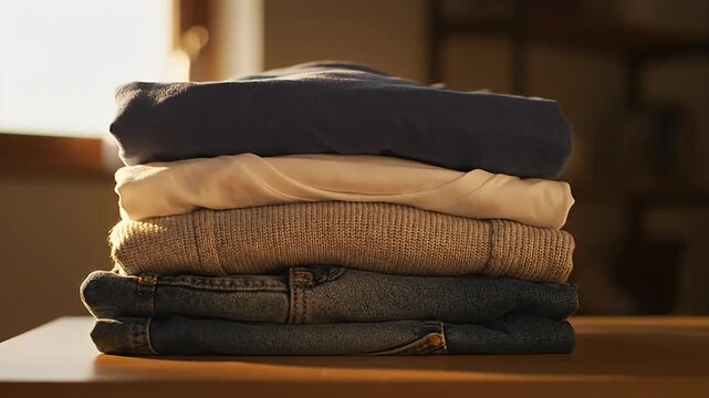 Neatly folded stack of clean laundry including jeans, sweater, and shirts on a wooden table near