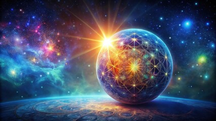 Obraz premium A Celestial Orb Illuminated by Radiant Starlight, Embracing Interconnected Networks Across its Surface, Rests on a Planetary Horizon