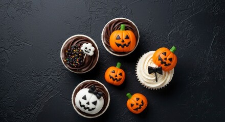 Festive Halloween cupcakes and candies with pumpkin and ghost decorations on a dark background, perfect for holiday celebrations.