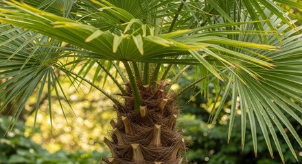 Fototapeta premium Lush green palm fronds and a fibrous trunk, with water droplets, against a soft, sunlit background, evoking a tropical garden feel.
