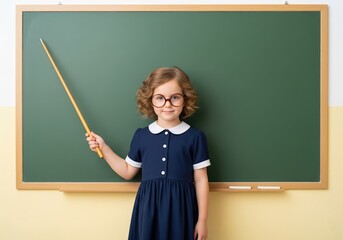 Young girl with curly perm hairstyle and glasses holding pointer dressed neatly standing at board with calm expression in plain bright room