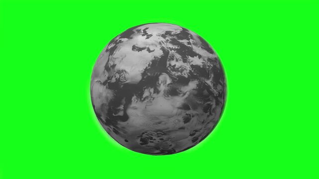 3D animation of a gray rocky planet with cratered surface patterns, rotating slowly and isolated on a bright green chroma key background. Suitable for astronomy education, sci-fi visuals, or cosmic VF