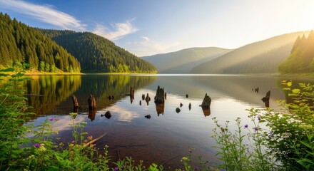 Serene mountain lake at sunrise with golden light, forested peaks, and old tree stumps reflecting in calm waters, framed by wildflowers.