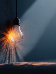 Minimalist single light bulb concept design Vintage Light Bulb Hanging from Wall with Dramatic Shadow Play. A stunning vintage light bulb hangs from a wall, casting a soft warm glow