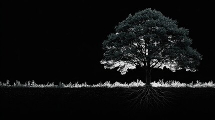 Silhouette tree abstract artistic background Majestic Silhouette of Tree with Roots Against Dark Background. Stunning silhouette of a solitary tree showcasing intricate roots, set against a dark