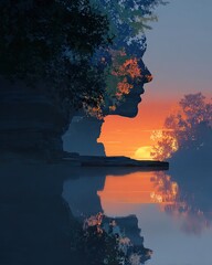 Creative artistic stock background illustration Serene Sunset Reflection with Nature and Human Silhouette. A stunning image featuring a serene sunset reflection merging nature and a human silhouette