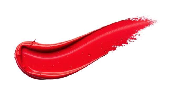 Vibrant red paint stroke, distinct brush textures, organic imperfections, dynamic curved sweep on immaculate white background, extreme macro, softbox, concept of raw artistic creativity