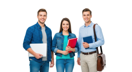 Three smiling young caucasian students, 20s, with laptop, binder, and textbook, posing confidently in a bright professional studio with white copy space background, concept of education and