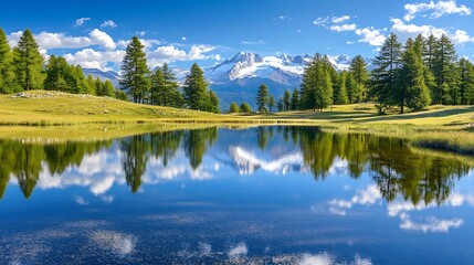 Fototapeta premium Scenic view of a lake reflecting the surrounding mountains and trees on a sunny day with a clear blue sky and fluffy white clouds