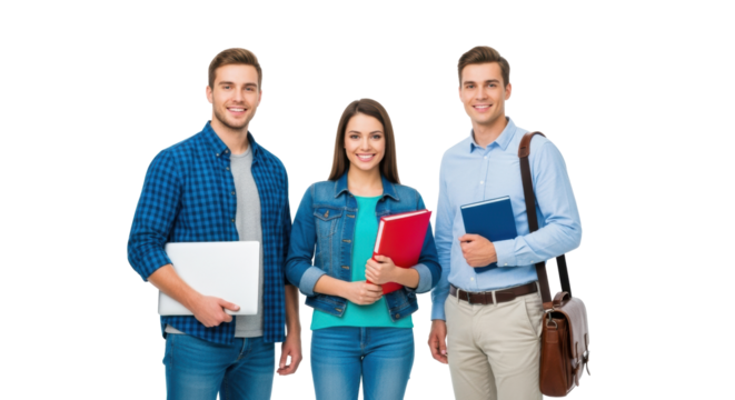 Three smiling young caucasian students, 20s, with laptop, binder, and textbook, posing confidently in a bright professional studio with white copy space background, concept of education and