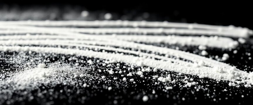 Close-up of several lines of cocaine powder on a stark black background,  illegal drug,  texture