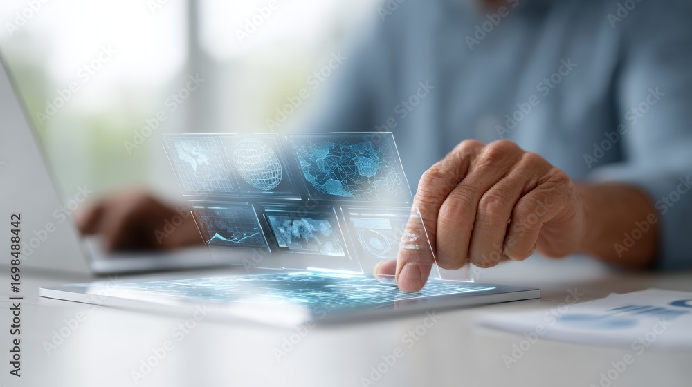 Poster businessman is working with futuristic transparent tablet and ai software, analyzing holographic dat