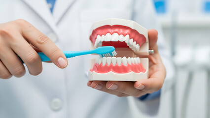 Dentist demonstrates proper teeth brushing technique on a dental model