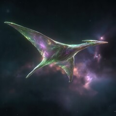 A vibrant, otherworldly creature, resembling a pterodactyl, soars through a nebula of swirling cosmos, showcasing a beautiful array of iridescent colors.