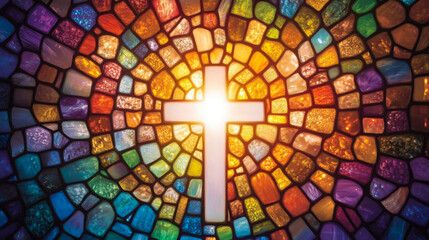 A beautiful stained glass church window with a glowing cross of faith worship background.