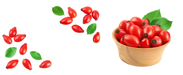 Rose hip in wooden bowl isolated on a white background with full depth of field. Top view with copy space for your text. Flat lay