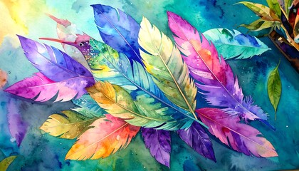 Vibrant watercolor feathers
