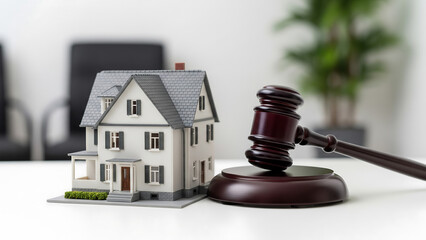 Gavel and miniature house symbolizing real estate auction or legal property sale