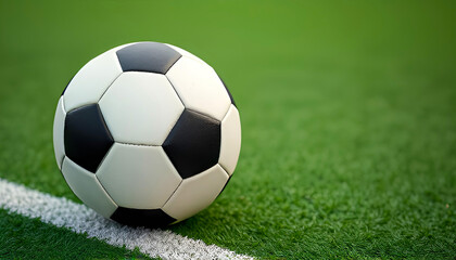 Black and white soccer ball on green grass field near white boundary line, football equipment