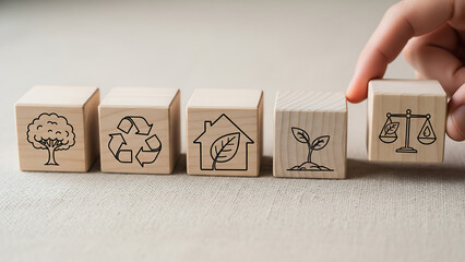 Wooden blocks with environmental symbols and a hand reaching for justice scale