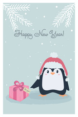 Vector illustration of a New Year's and vector greeting card with a cute penguin in a hat and a gift on the background of a Christmas tree
