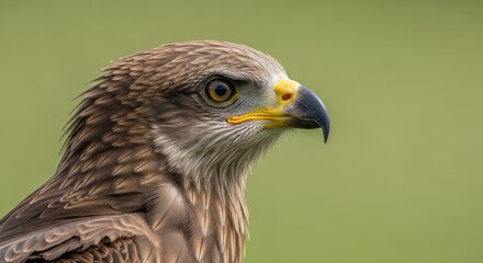 Fototapeta premium A close-up, side profile of a majestic bird of prey with a sharp beak and intense eye, set against a soft green background.