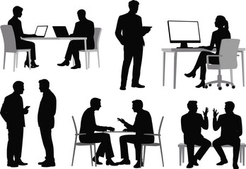 Silhouettes of people working in office, discussing business, meeting, collaboration, teamwork, talking, laptop, computer, professional, conversation, communication, brainstorming