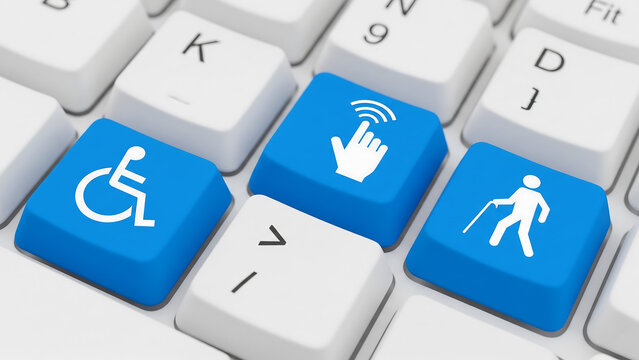 Computer keyboard with accessibility and user interaction icons on blue keys