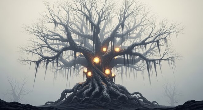 Mystical Ancient Tree of Light in Foggy Forest