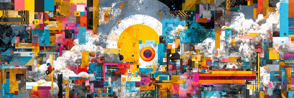Poster vibrant digital abstract art combining geometric shapes, bold colors, and dynamic patterns, creating