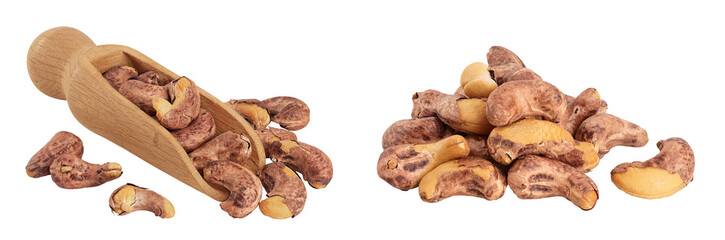 cashew nuts heap with shell in wooden scoop isolated on white background